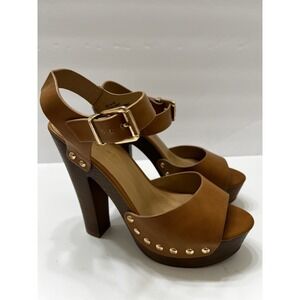 Etc! Y2K Chunky Heel Sandals Brown Gold Studs Buckle Women's M 7/8 Faux Leather
